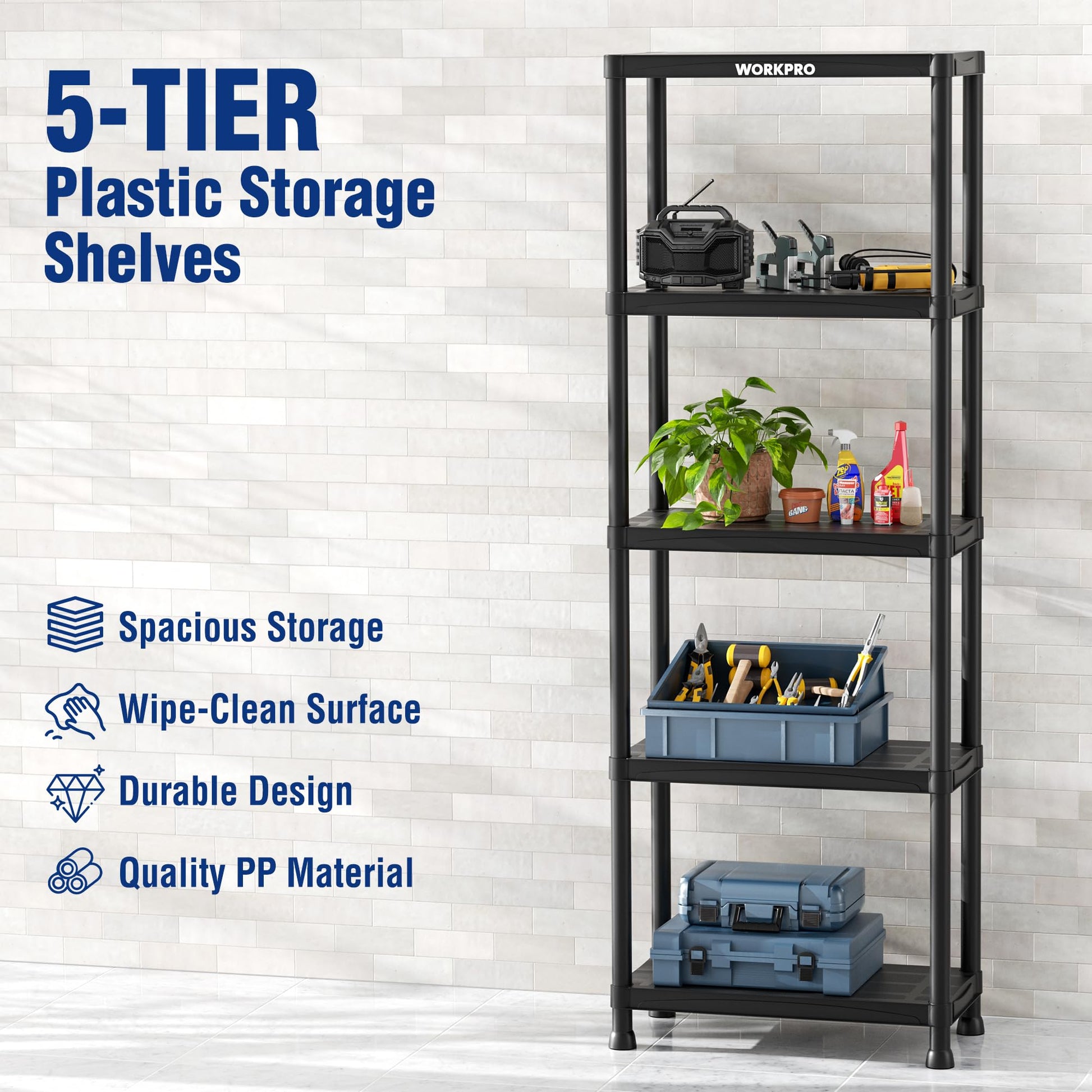 WORKPRO 5-Tier Plastic Storage Shelves, 500lb Capacity Shelving Unit, 67.1" H x 23.9" W x 12" D