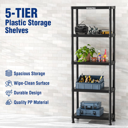 WORKPRO 5-Tier Plastic Storage Shelves, 500lb Capacity Shelving Unit, 67.1" H x 23.9" W x 12" D
