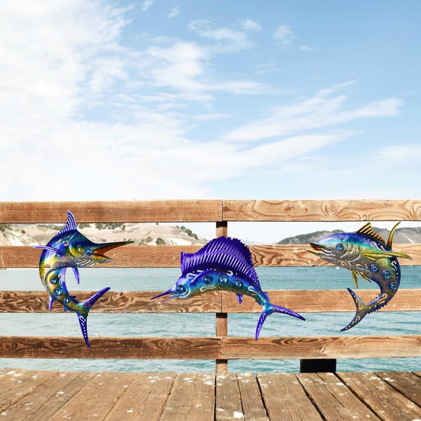 Metal Fish Wall Art Decor, 3-Piece Marlin Tuna Swordfish Set, Blue and Gold Tropical Ocean Theme