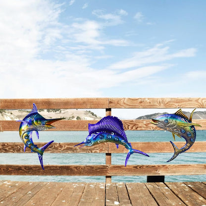 Metal Fish Wall Art Decor, 3-Piece Marlin Tuna Swordfish Set, Blue and Gold Tropical Ocean Theme