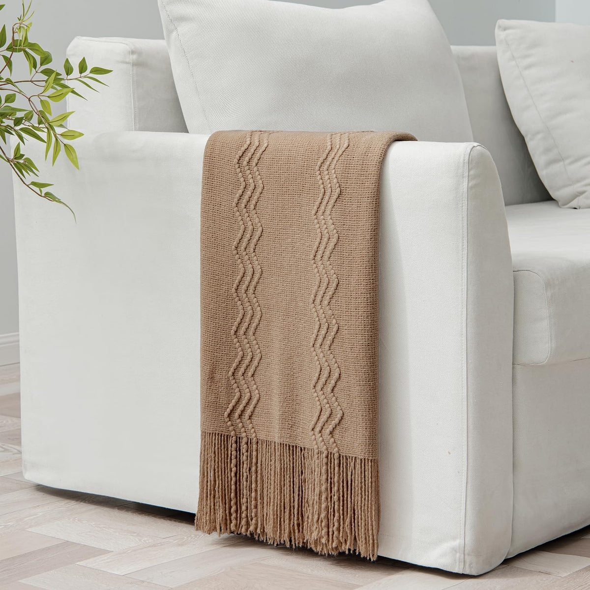 MIULEE Tan Taupe Knitted Throw Blanket for Couch Boho Textured Cozy Woven Blanket with Tassels for