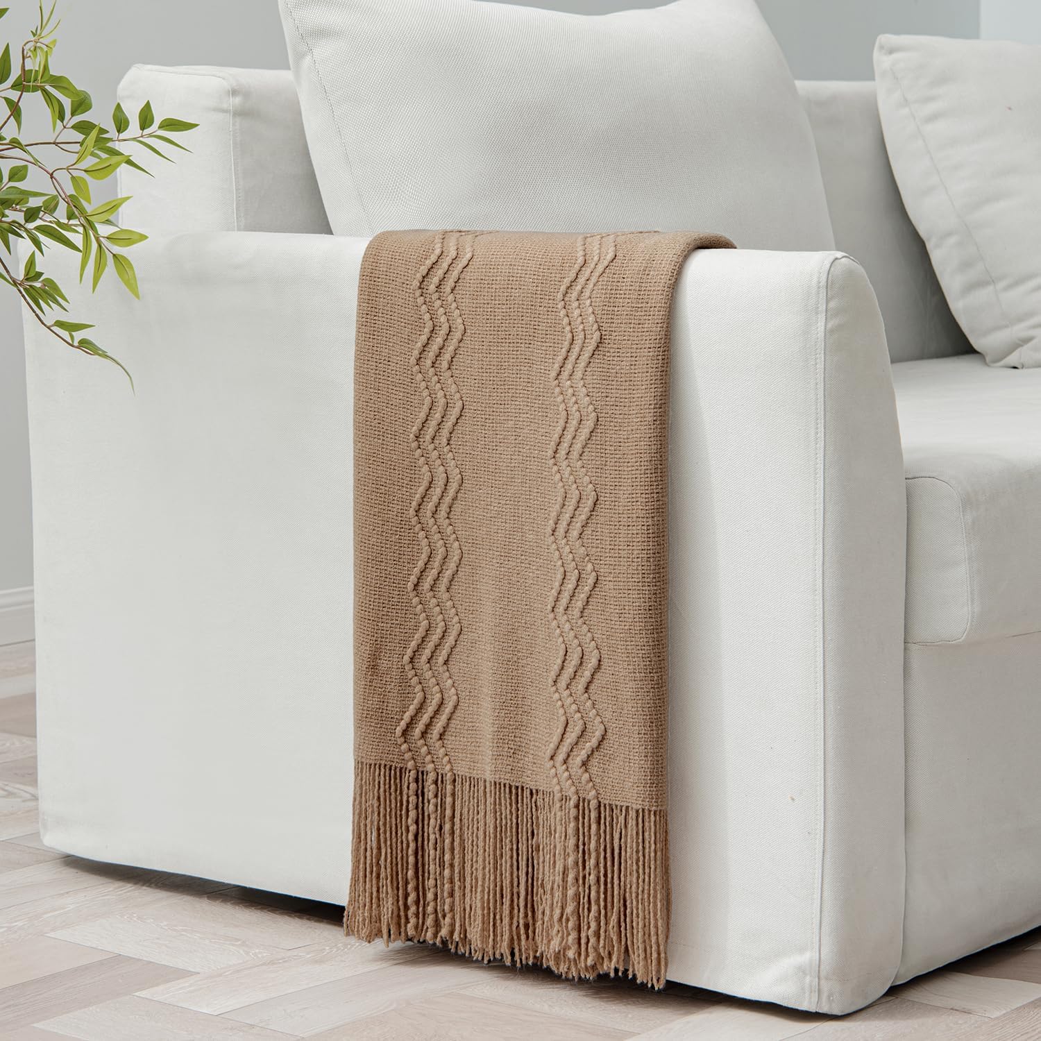 MIULEE Tan Taupe Knitted Throw Blanket for Couch Boho Textured Cozy Woven Blanket with Tassels for