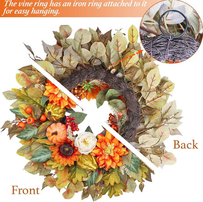 Fall Wreath for Front Door, 24 Inch Autumn Wreath with Pumpkins, Peony, Sunflowers & Dahlias, Fall