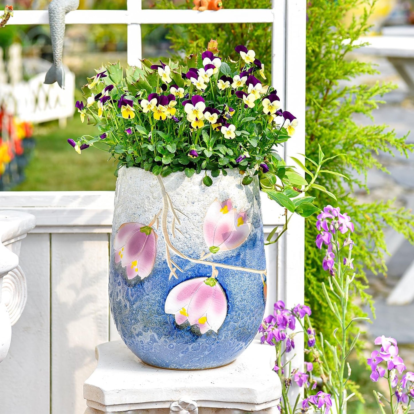 Sungmor 10.6 Inch Ceramic Succulent Plant Pot with Drainage Hole, Hand Painted Flower Pots for