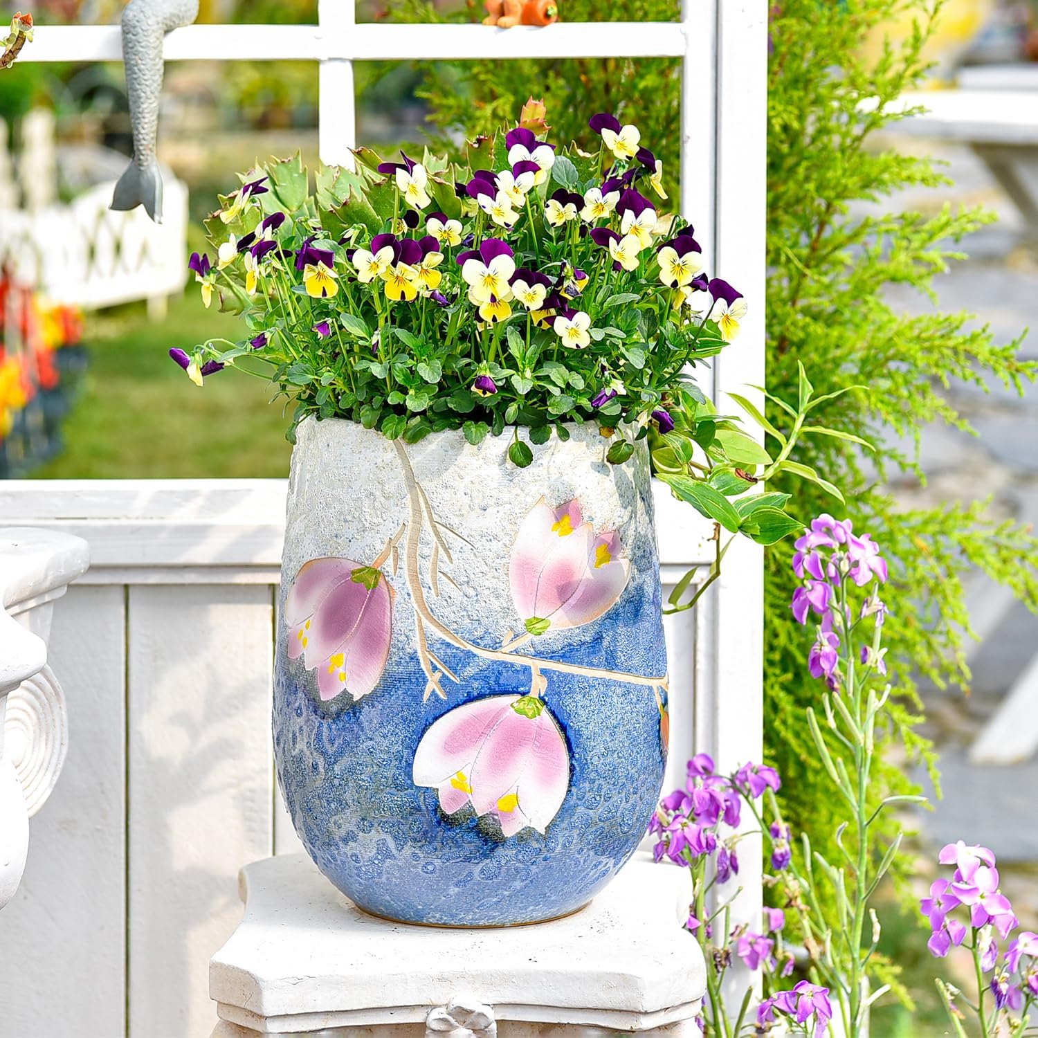 Sungmor 10.6 Inch Ceramic Succulent Plant Pot with Drainage Hole, Hand Painted Flower Pots for