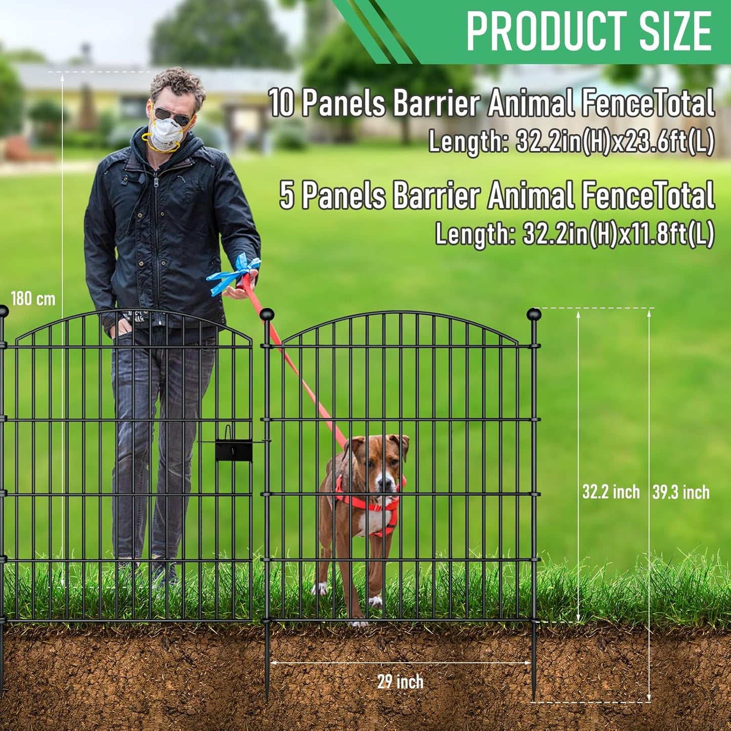 10 Panels Garden Fence Dog Fence Outdoor for Yard, 32in H x 23.6ft L Rustproof Metal Fencing with