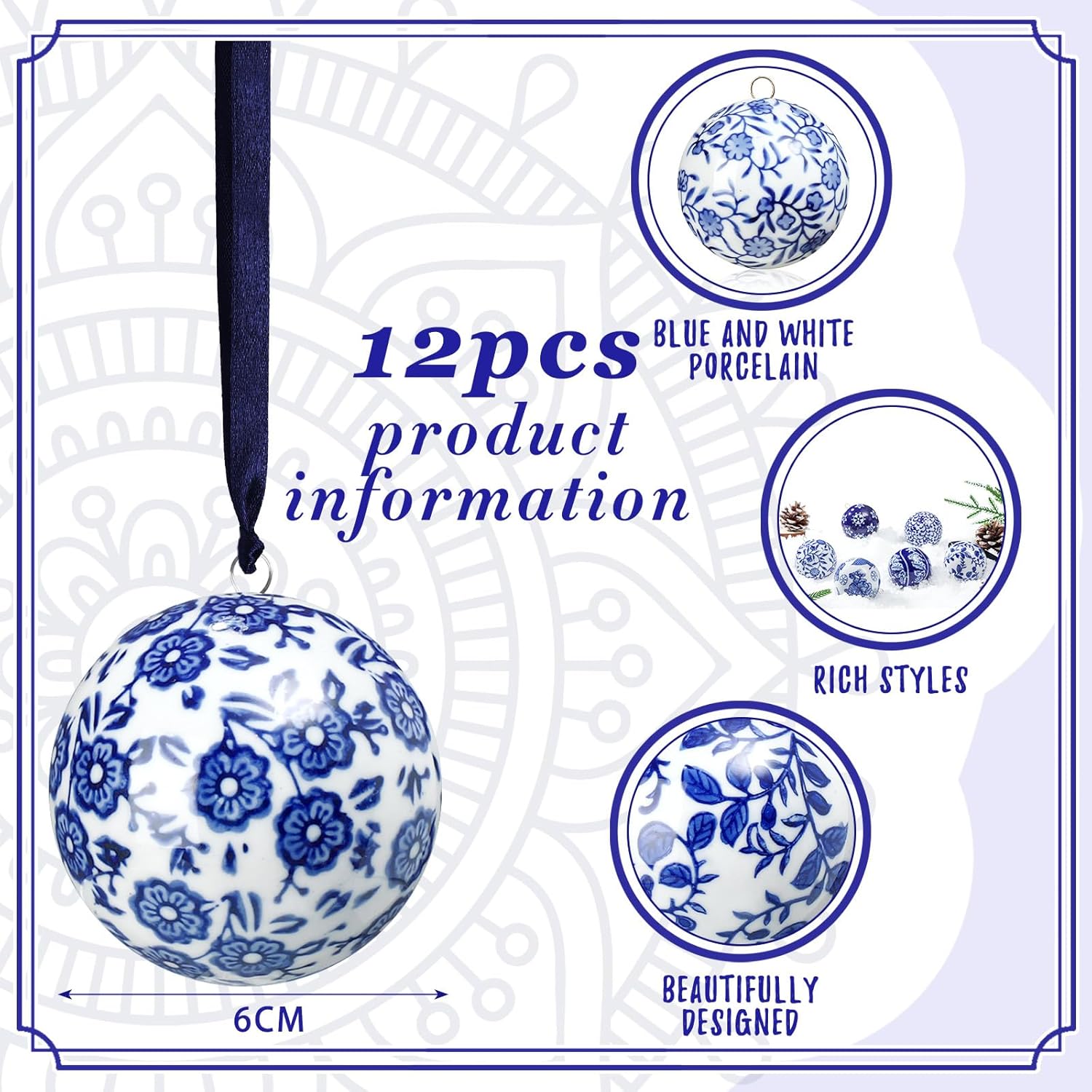 Cindeer 12 Pcs Blue and White Christmas Porcelain Balls 2.4 Inch Porcelain Chinoiserie Ornament