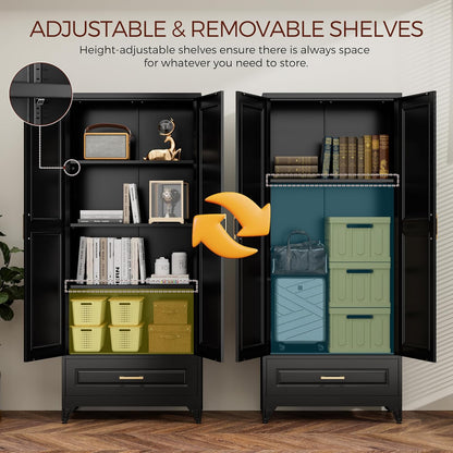75" Kitchen Pantry Cabinet with Drawer, Metal Storage Cabinets with Doors and Adjustable Shelves