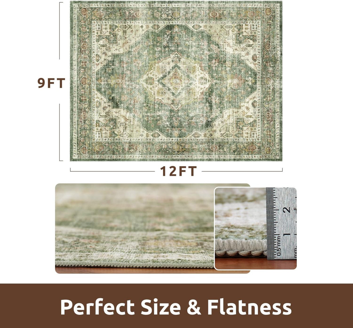 AMOAMI Vintage Soft Green Area Rug - 9x12, Non-Slip, Washable for Living Room, Bedroom, Dining
