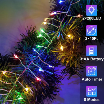2 Pack Cluster Fairy Lights Battery Operated, Total 20Ft 400LED Christmas String Lights with Timer
