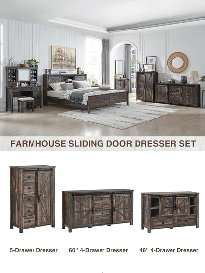 T4TREAM 48'' Farmhouse Dresser w/4 Drawers & 2 Sliding Barn Doors, Tall Chest of Drawers Organizer