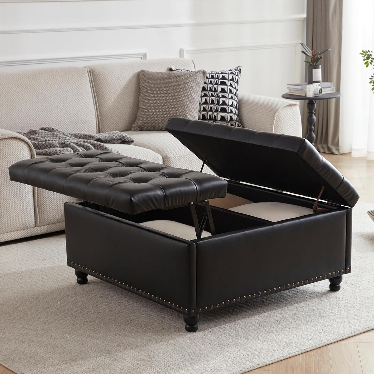 Tbfit Large Square Storage Ottoman Bench, Tufted Upholstered Coffee Table Ottomans with Lift Top &