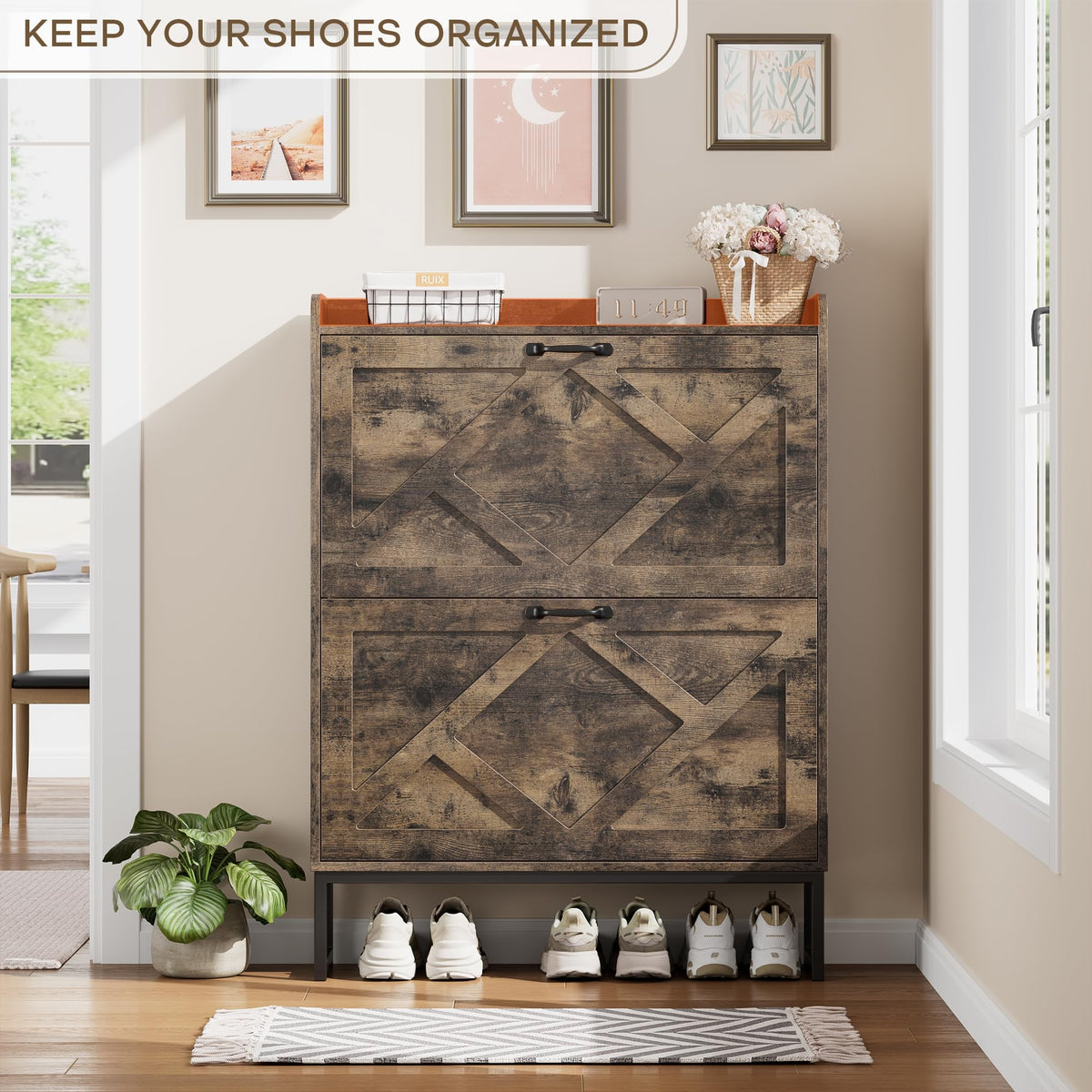 Nicetree Shoe Cabinet with 2 Flip Drawers, Entryway Organizer, Chestnut