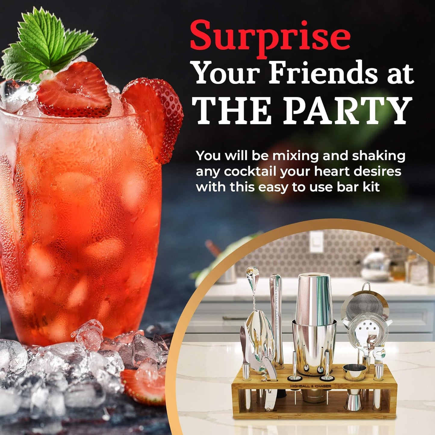 Highball & Chaser 13-Piece Boston Cocktail Shaker Set Stainless Steel Mixology Bartender Kit With