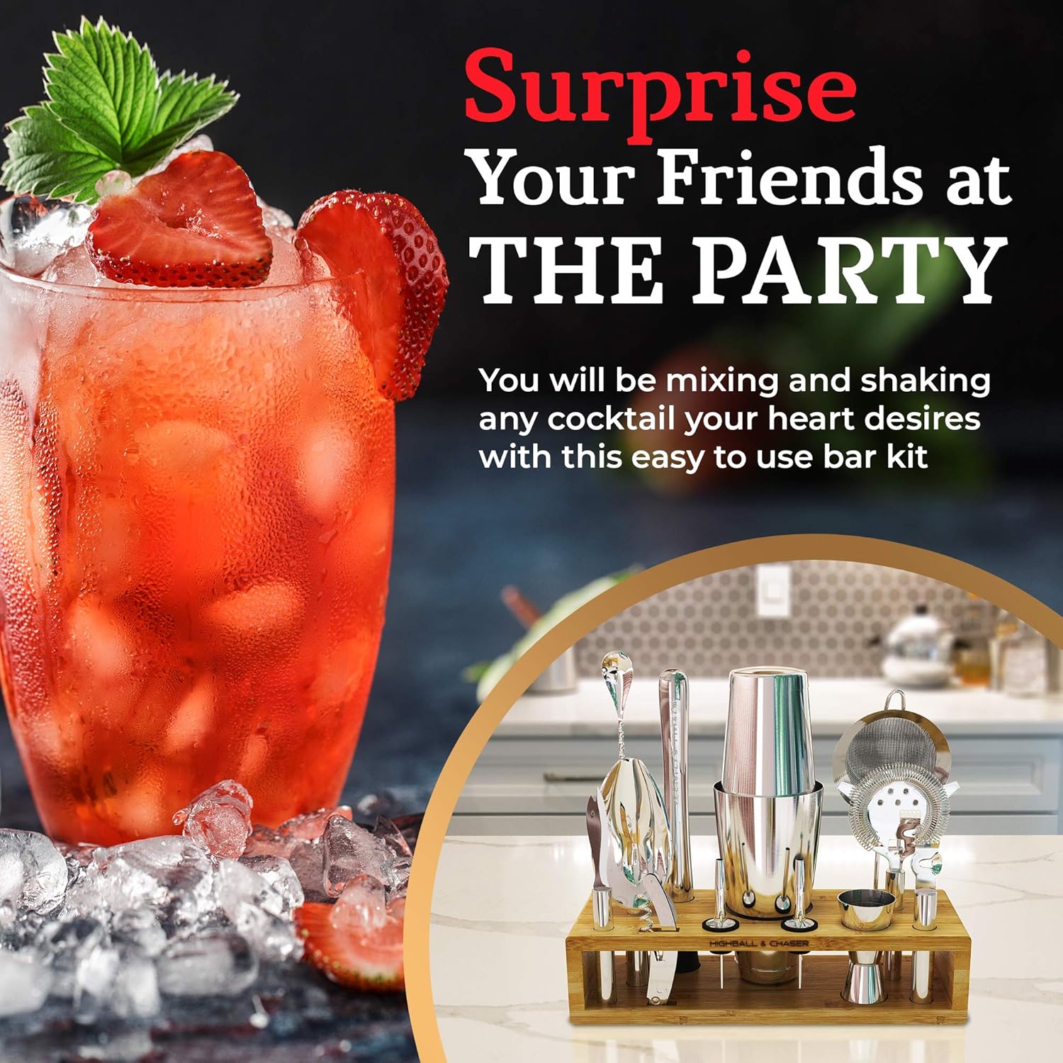 Highball & Chaser 13-Piece Boston Cocktail Shaker Set Stainless Steel Mixology Bartender Kit With