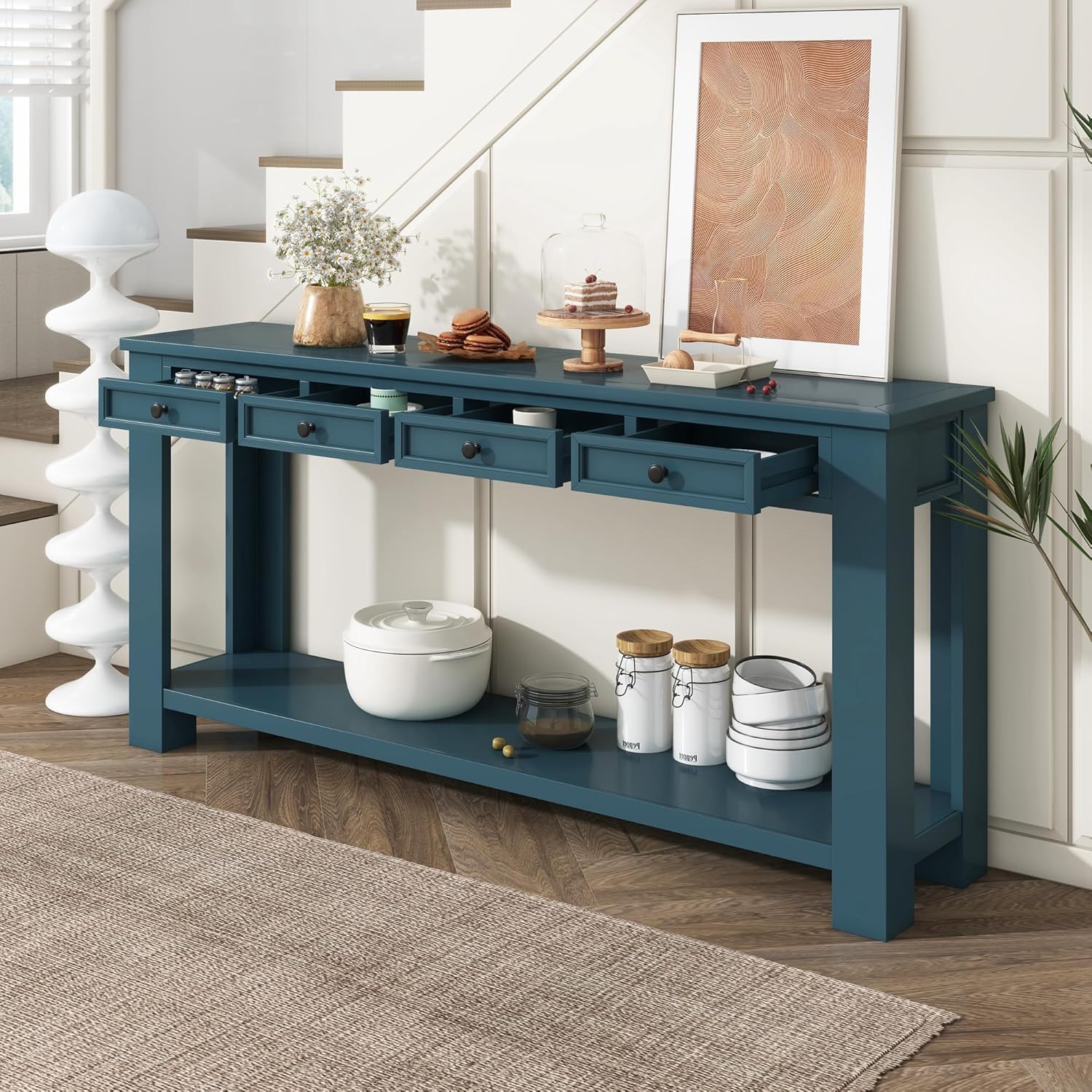 Solid Wood Console Table,63 in Long Sofa Table Entryway Table with 4 Drawers and Bottom Shelf for