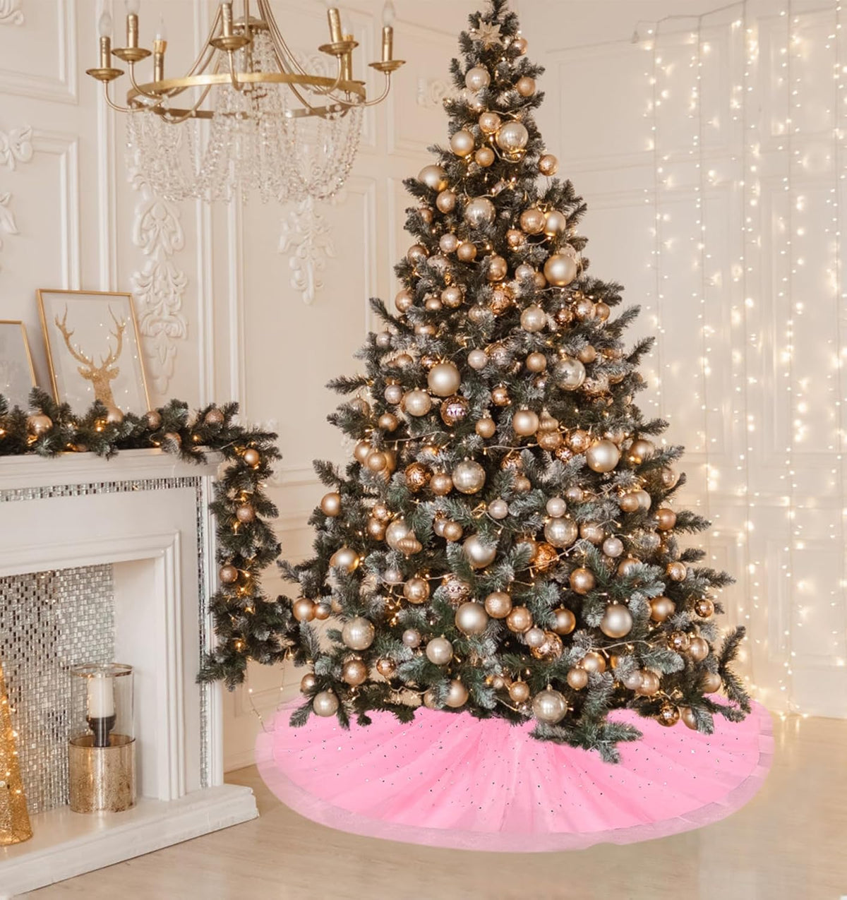 Christmas Wedding Tree Skirt,45 inch 4-Layer Fluffy Romantic Pleated Sparkly Skirt Decoration Xmas