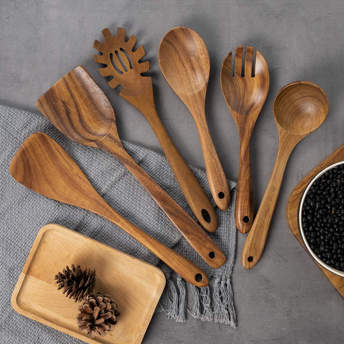 AIUHI 10 Pack Wooden Spoons for Cooking, Teak Wood Kitchen Utensils Set for Non Stick Use, Spatula