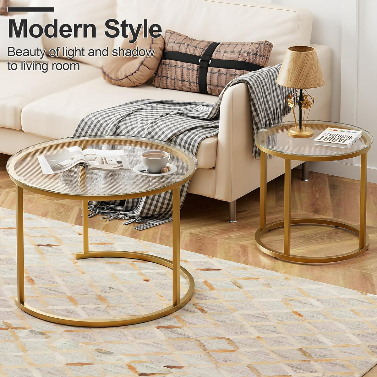 aboxoo Nesting Coffee Table Set of 2, Small Round Glass Nesting Tables for Living Room Bedroom