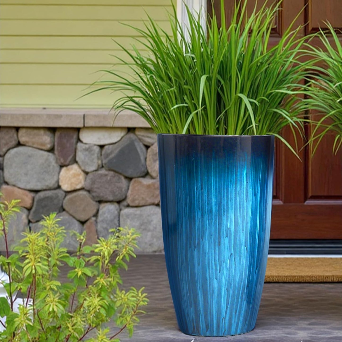 Worth Garden 20" H. Large Plastic Planters - Set of 2 Gradient Blue Glossy Smooth Finish - Tall
