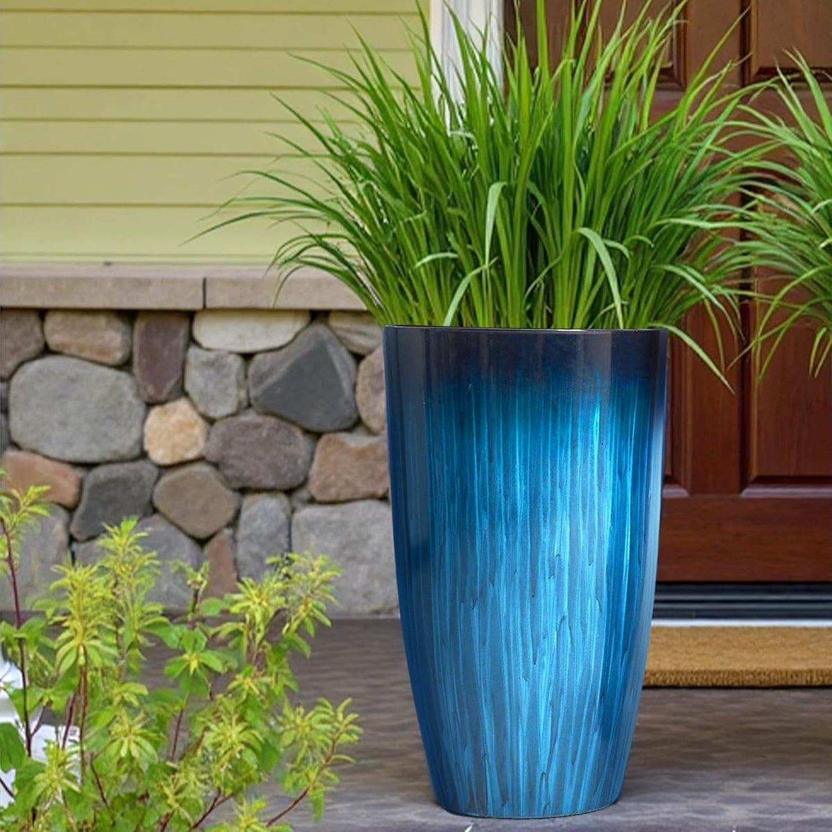 Worth Garden 23.5" H. Large Plastic Planters - Set of 2 Gradient Blue Glossy Smooth Finish - Tall