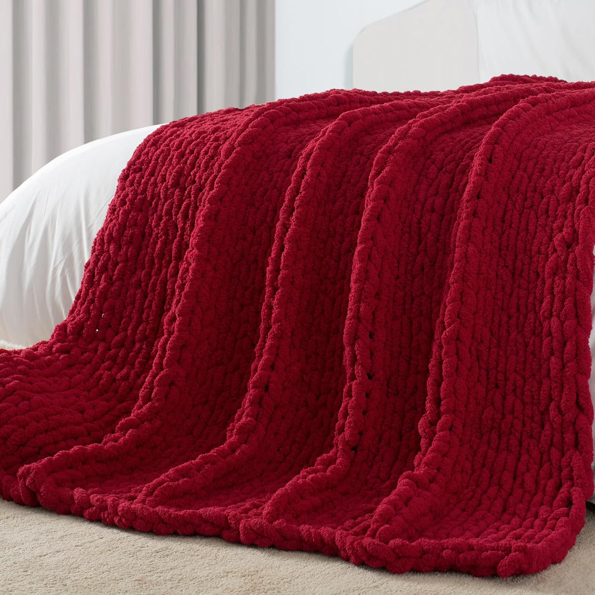 Carriediosa Chunky Knit Throw Blanket 60" X 80" Twin, 100% Hand Made Large Chenille Loop Yarn Soft