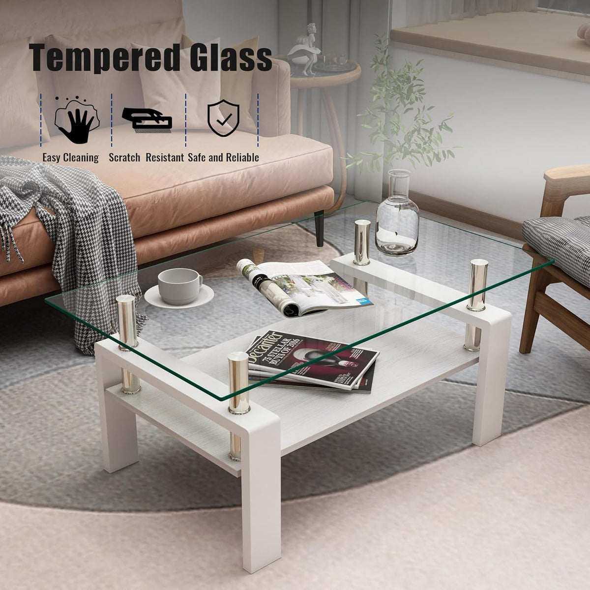 Glass Coffee Table Rectangle Living Room Center Table, with Transparent Tempered Glass Tabletop and
