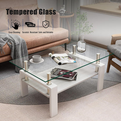 Glass Coffee Table Rectangle Living Room Center Table, with Transparent Tempered Glass Tabletop and