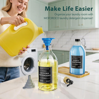 Moforoco Liquid Laundry Detergent Dispenser with Bamboo Tray, 2 Pack 64 Oz Plastic Laundry Soap