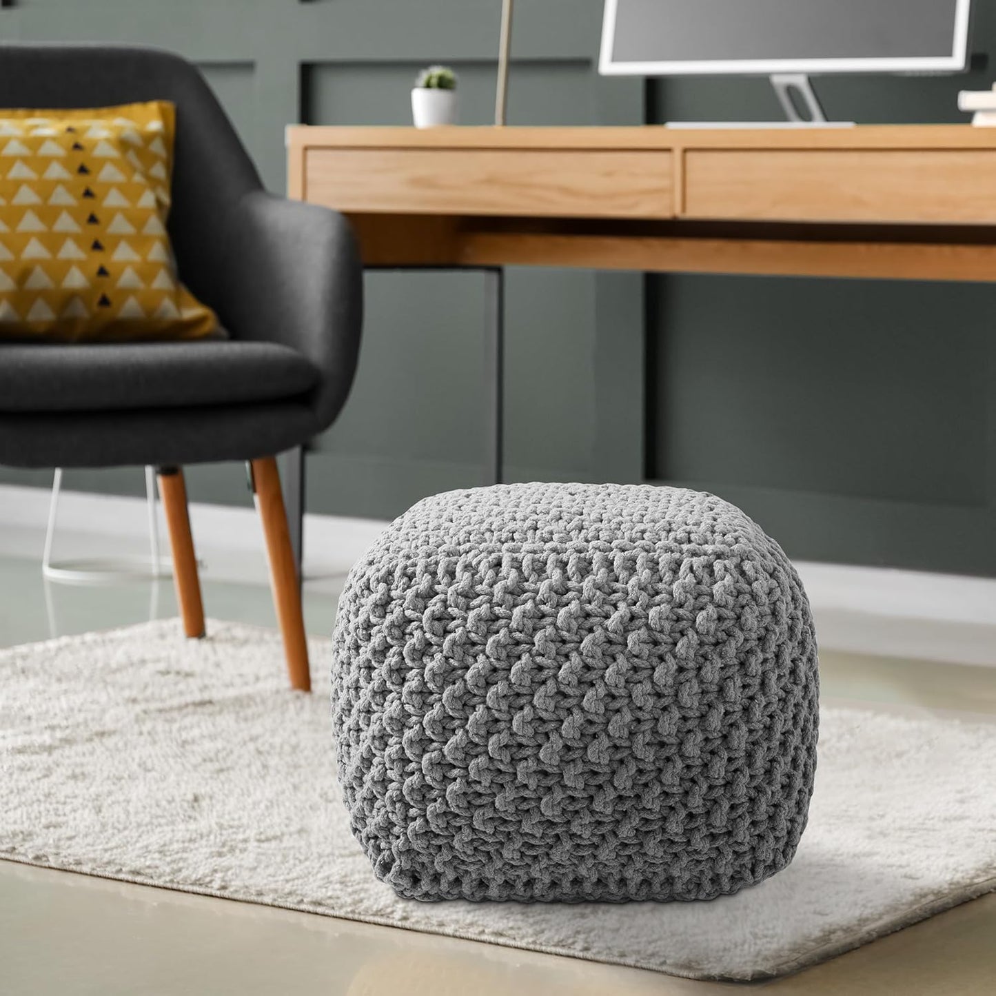 Casafield Square Pouf Ottoman, Light Gray 18.5" W x 18.5" D x 14.5" H Cotton Knit Foot Stool - Boho