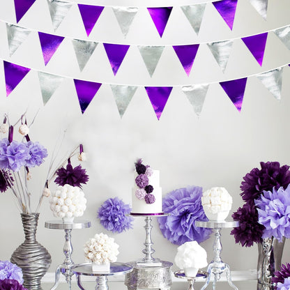 Purple and Silver Party Decorations Triangle Pennant Banner Flag Metallic Fabric Bunting Garland