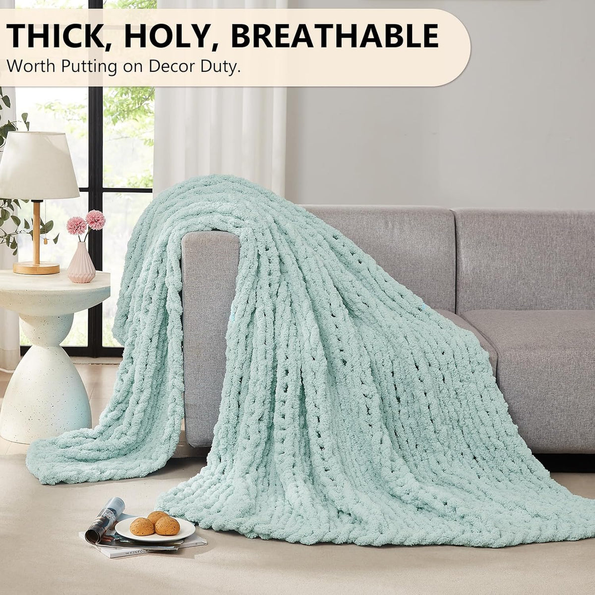 L'AGRATY Chunky Knit Blanket Throw: 50''x60'' Chenille Chunky Knitted Throw Blanket for Bed Couch