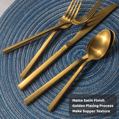 Alata Cube Gold 45-Piece Flatware Set, Forged Cutlery Set, Matte Gold Silverware Service for 8