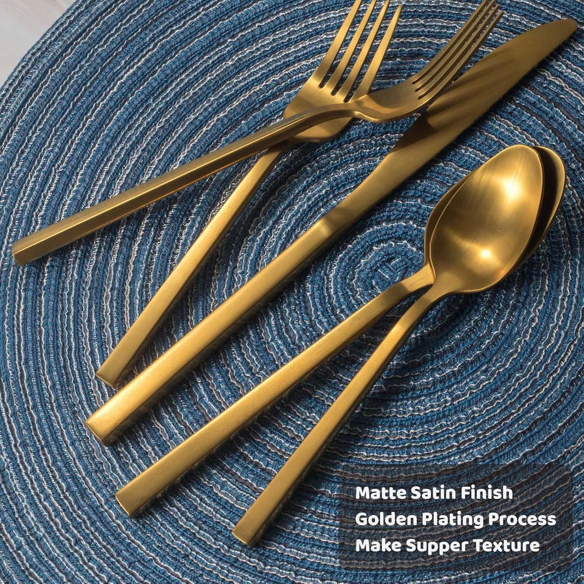Alata Cube Gold 20-Piece Flatware Set, Forged Cutlery Set, Matte Gold Silverware Service for 4