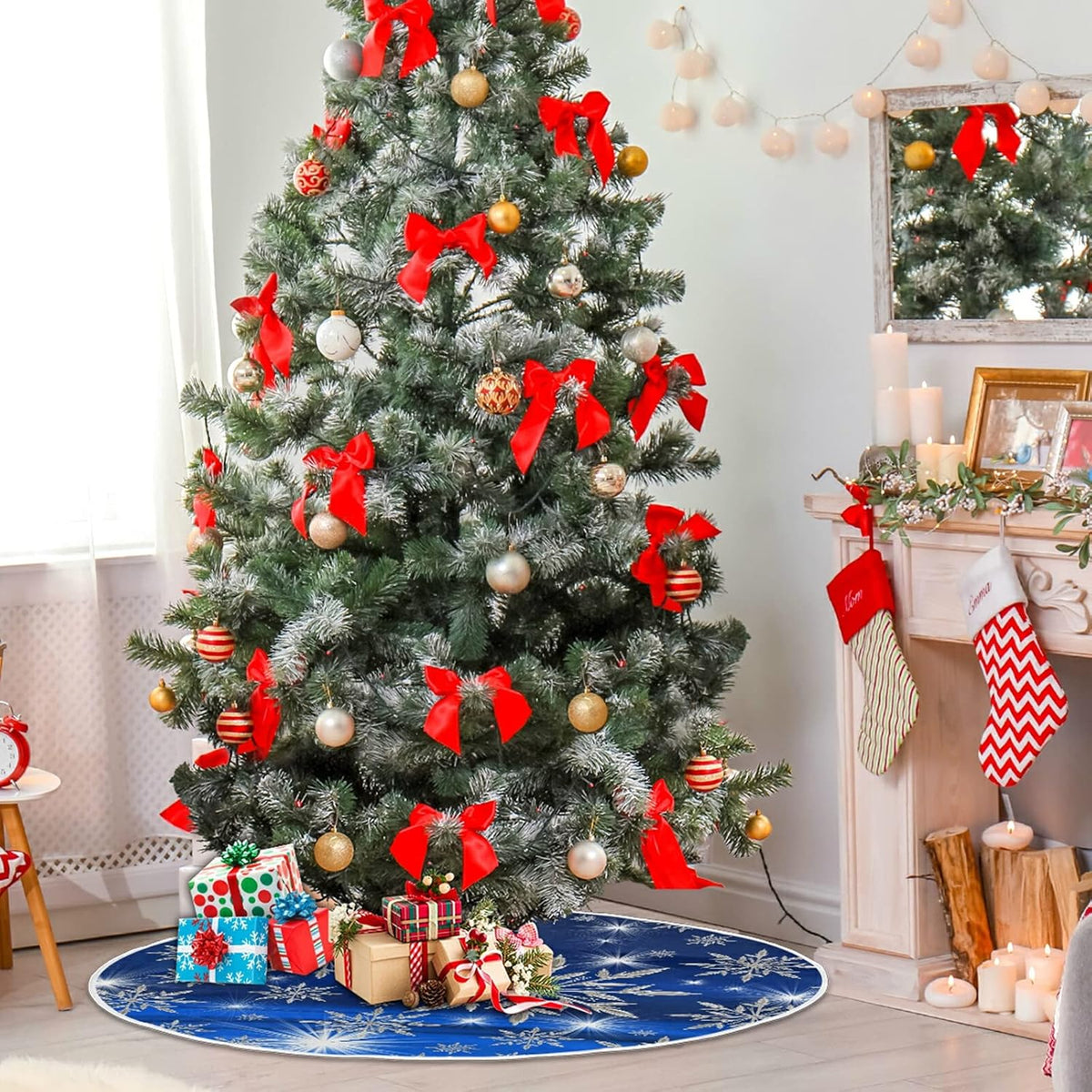 Christmas Blue Snowflakes Background Tree Skirt, Seasonal Tree Mat Holiday Party Supplies Ornaments