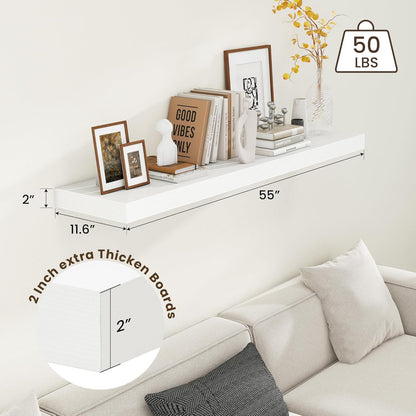White Floating Shelves for Wall - 55 Inch Wide x 12 Inch Deep Wall Shelves Set of 1 - Rustic White