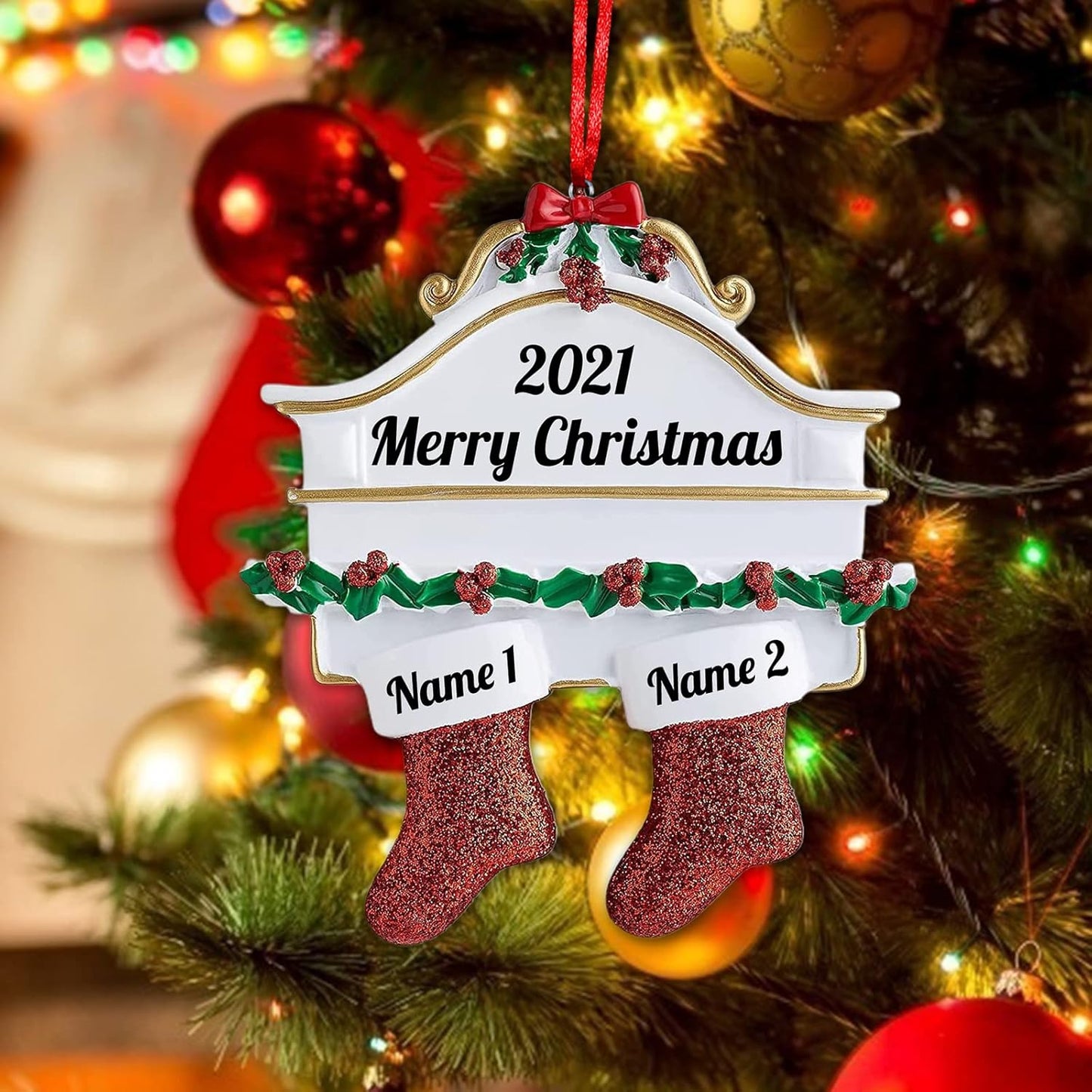 Amlion Personalized Ceramic Christmas Stocking Ornaments, Family of 2-8, Custom Names, Traditional