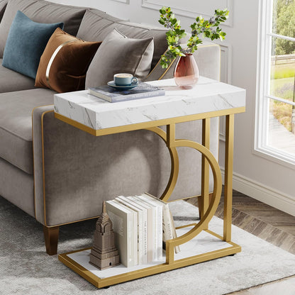 Tribesigns Narrow Side Table White Gold C Shaped End Table Modern Bedside Tables Small Chairside