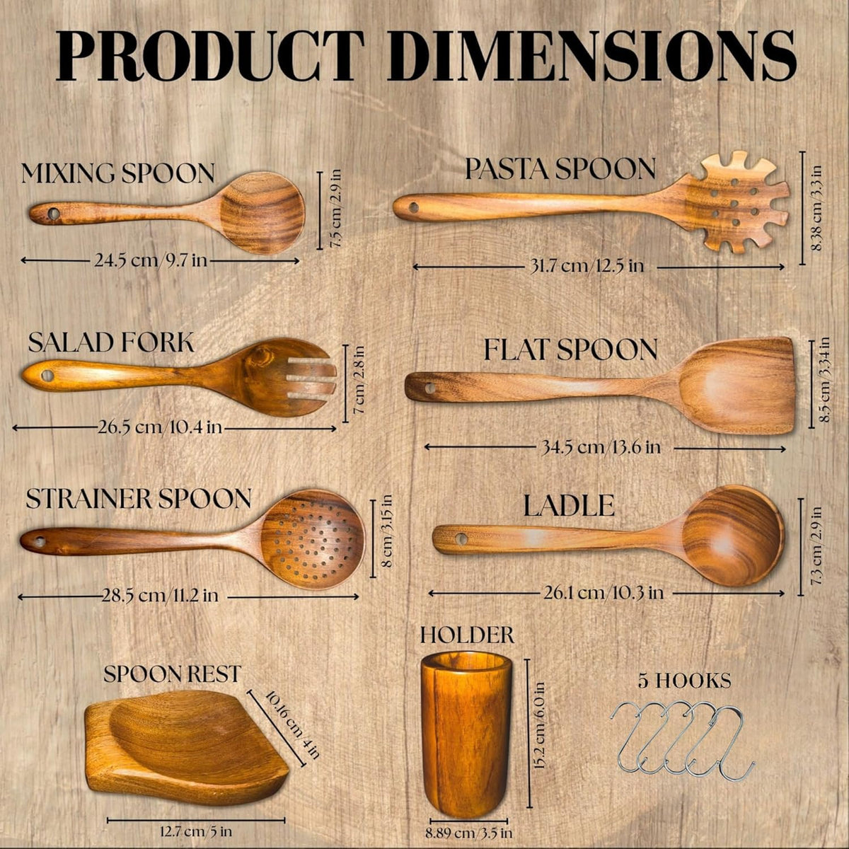 Wooden Spoons for Cooking - 8 Piece Natural Teak Kitchen Utensil Set Non Toxic - Teak Wooden