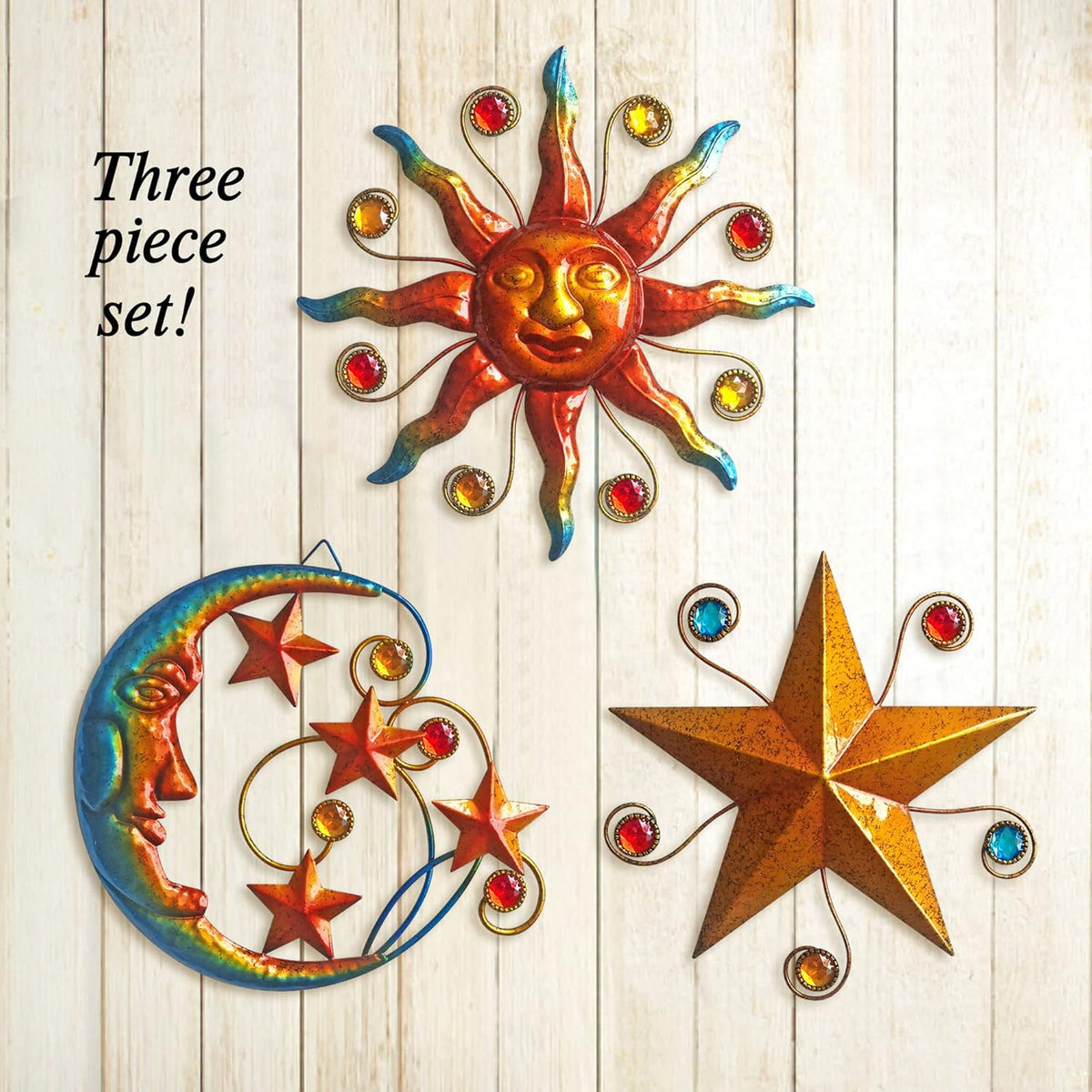 Limygus Metal Wall Art Sculpture, Set of 3 - Celestial Wall Decoration - Sun Moon Star Decorative