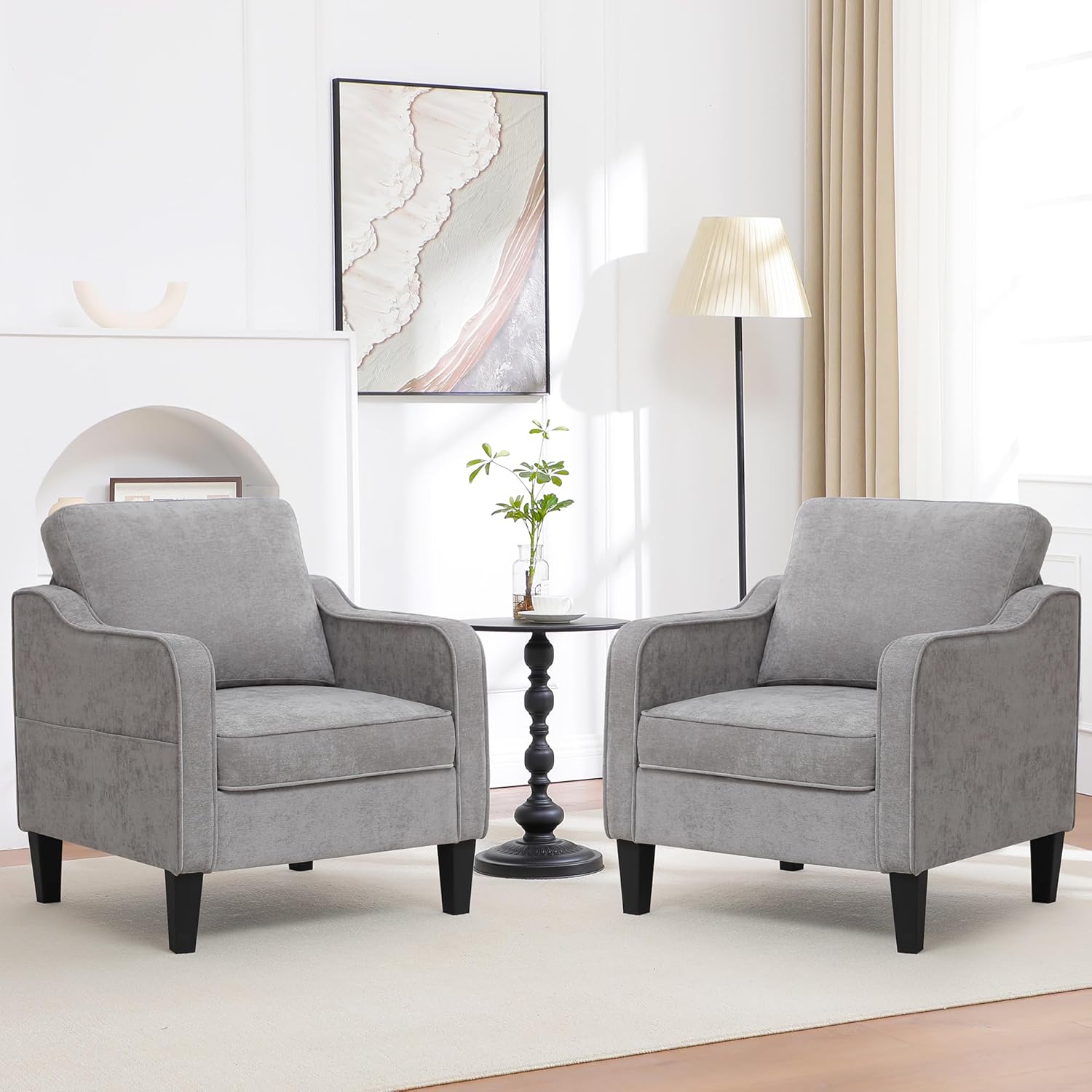 Accent Chairs Set of 2, Upholstered Living Room Chairs with Side Pockets, Mid Century Modern