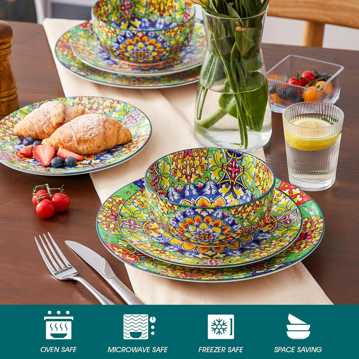 vancasso 12 Pieces Dinnerware Sets, Green Plates and Bowls Set, Porcelain Dishes Set for 4