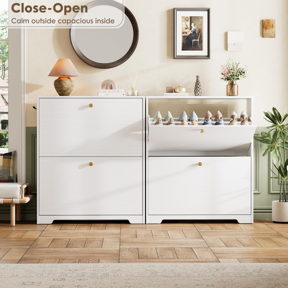 Nicetree Shoe Cabinet with 2 Flip Drawers, Narrow Shoe Organizer Cabinet, Freestanding Shoe Rack