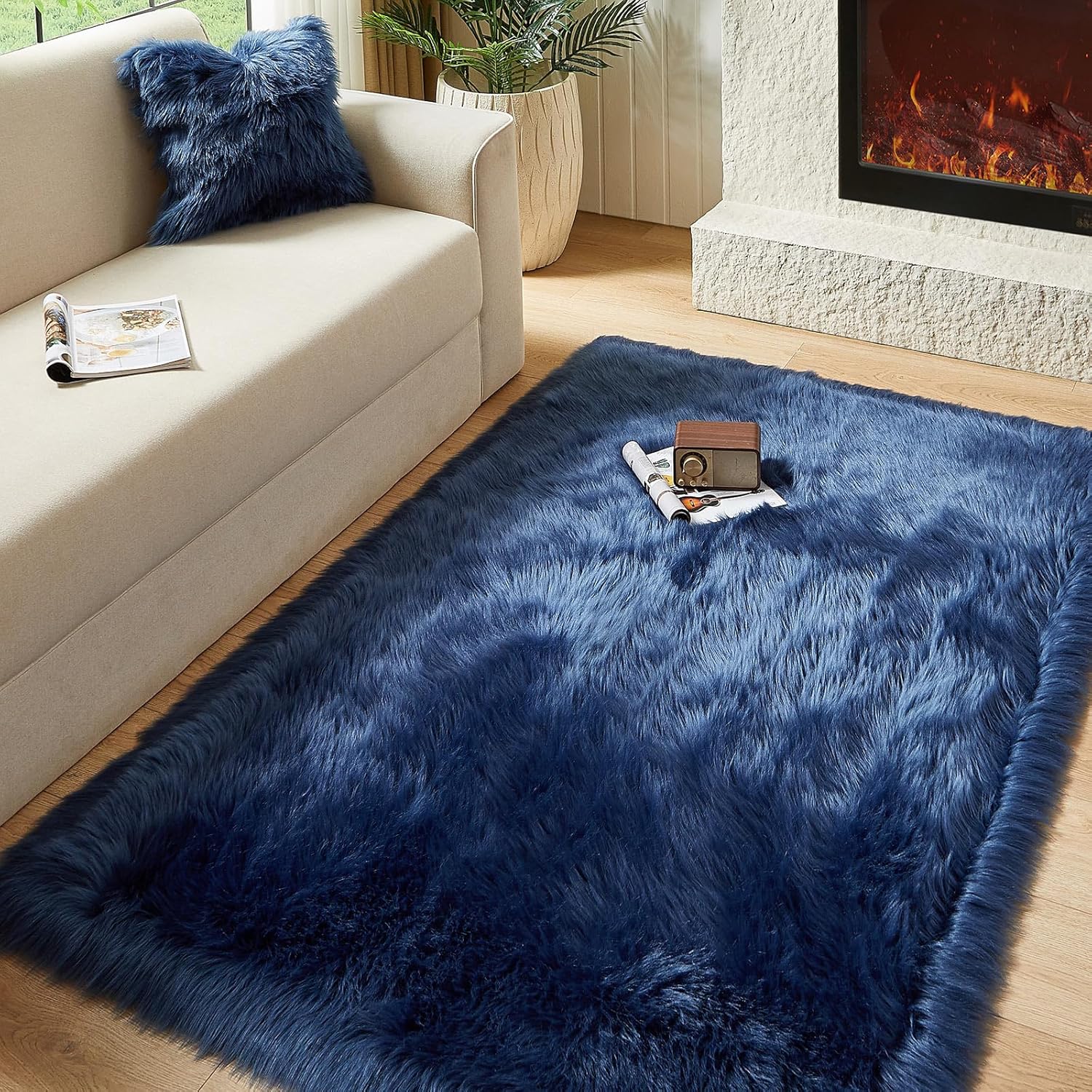 AMTOVO Faux Fur Sheepskin Rug for Living Room, 4 x 6 ft Dark Blue Fluffy Area Rug for Bedroom