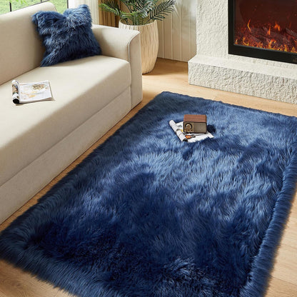 AMTOVO Faux Fur Sheepskin Rug for Living Room, 4 x 6 ft Dark Blue Fluffy Area Rug for Bedroom