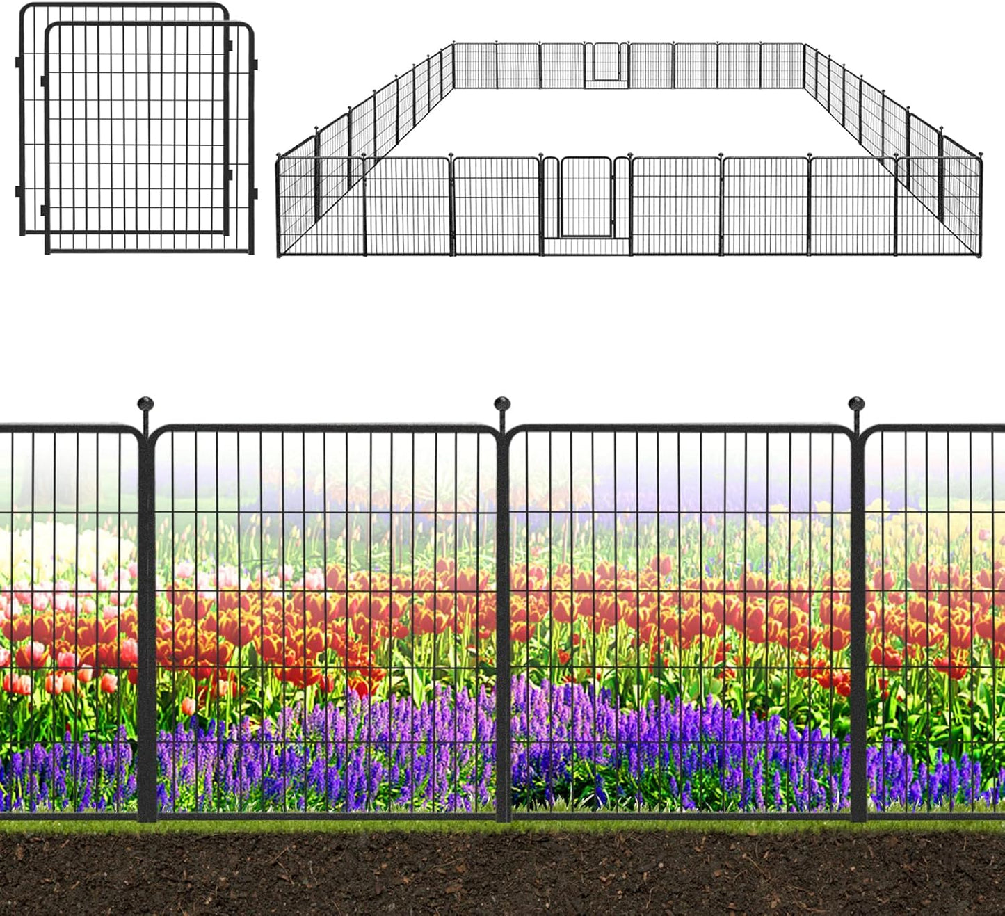 Decorative Black Metal Fencing Garden Fence with Gate, 73ft(L) 32in(H) 32 Fence Panels No Dig Fence