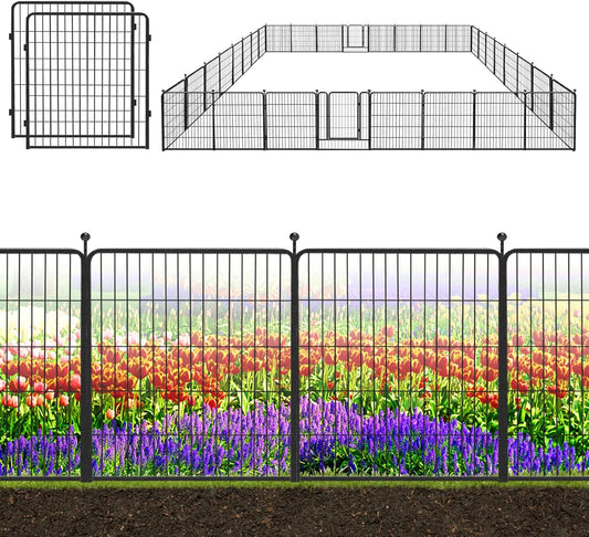 Decorative Black Metal Fencing Garden Fence with Gate, 73ft(L) 32in(H) 32 Fence Panels No Dig Fence