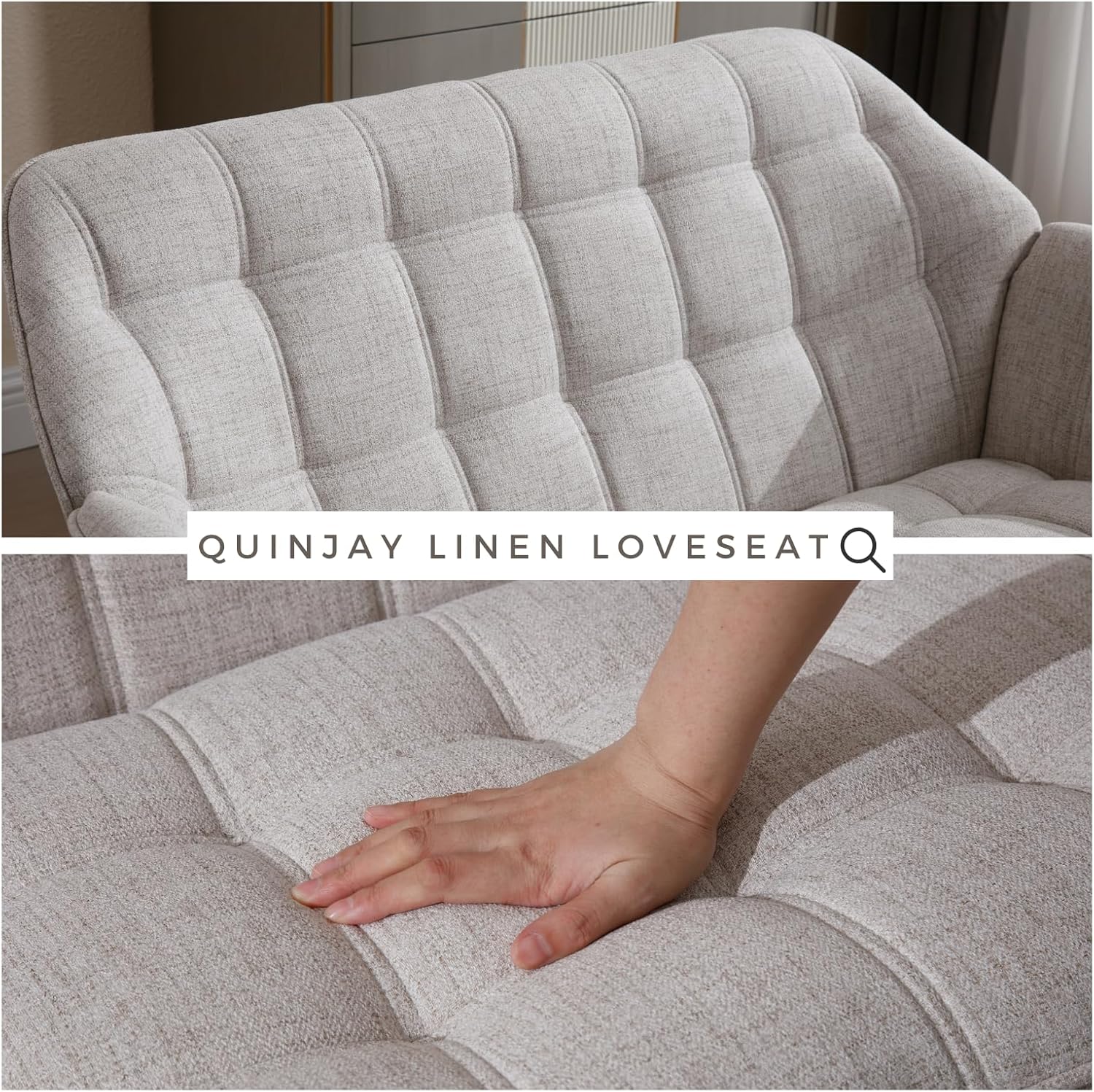 48" Small Loveseat Sofa, Modern Linen Fabric Mini Sofa Couch 2-Seater Love Seat with Quilting Backs