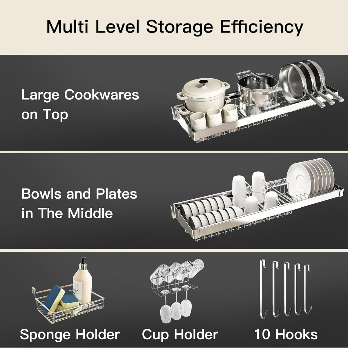 3 Tier Extra Large Stainless Steel Expandable Over The Sink Dish Drainer Drying Rack, Rust Proof
