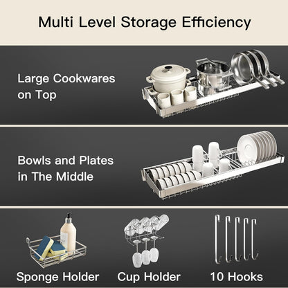 3 Tier Extra Large Stainless Steel Expandable Over The Sink Dish Drainer Drying Rack, Rust Proof